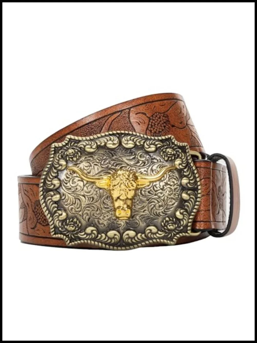 Genuine Leather Western Cowboy Belt Longhorn Buckle Floral Engraved